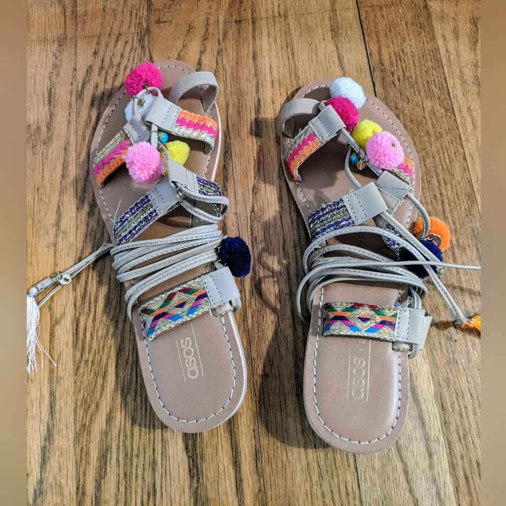 Asos Boho Pom Pom Colorful Tie Up Flat Sandals Size 7 Fesrival
